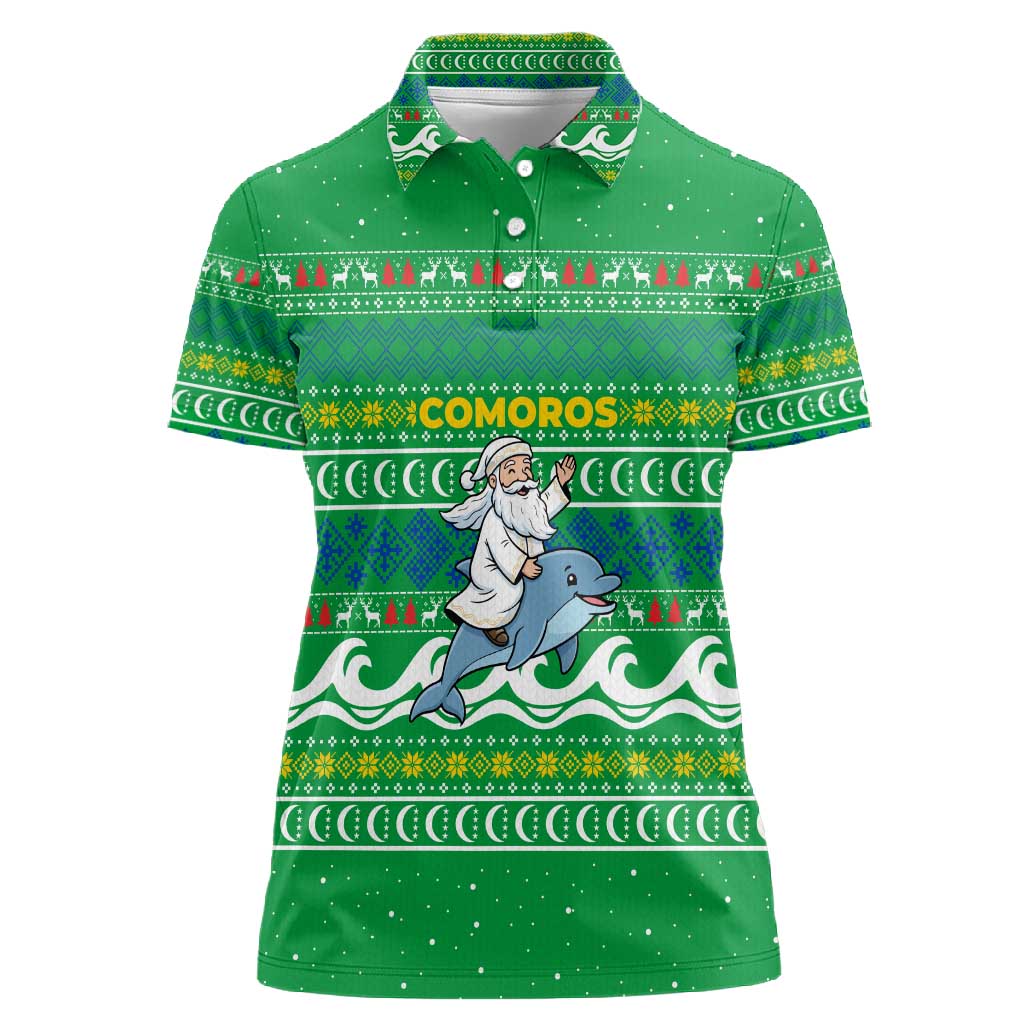 Comoros Christmas Women Polo Shirt Santa Riding Dolphin Ocean Waves Crescent Moon - African Pride