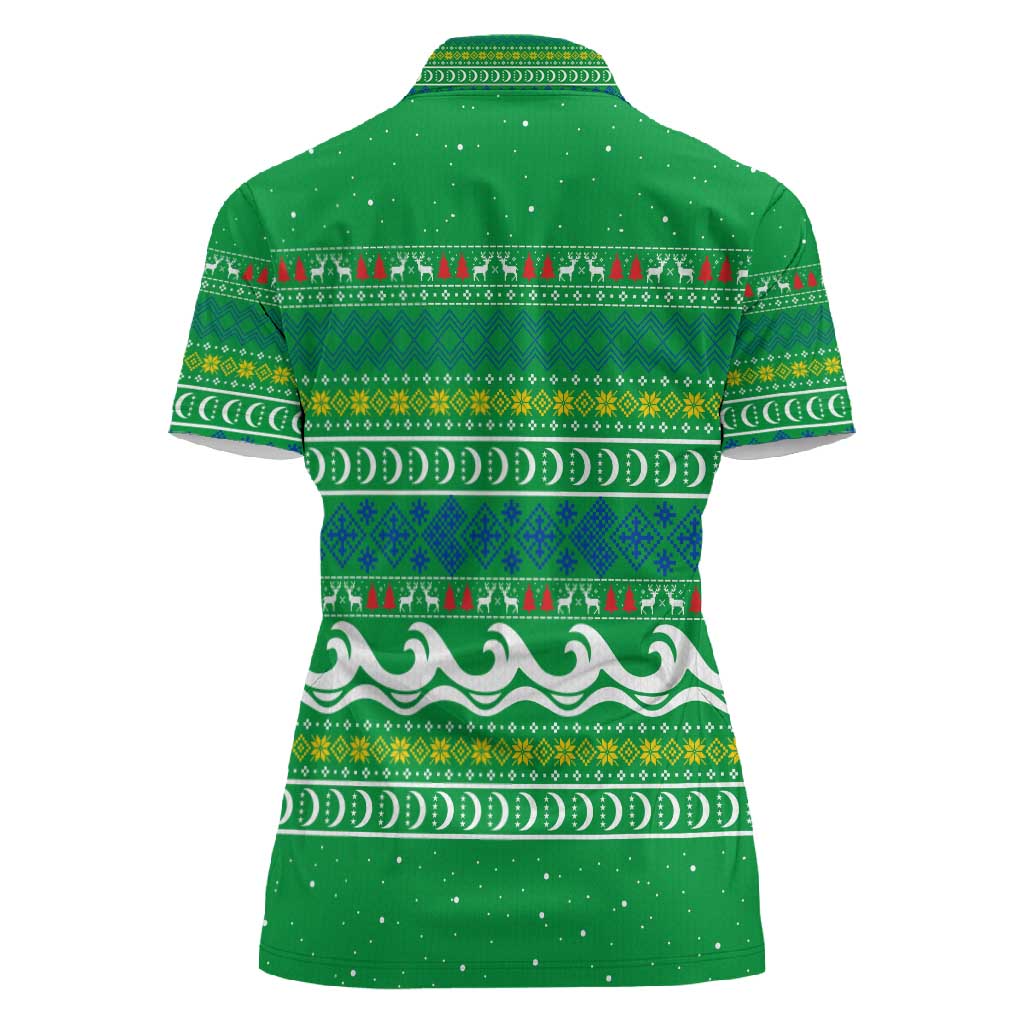 Comoros Christmas Women Polo Shirt Santa Riding Dolphin Ocean Waves Crescent Moon - African Pride