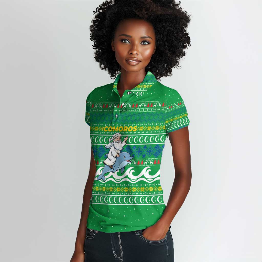 Comoros Christmas Women Polo Shirt Santa Riding Dolphin Ocean Waves Crescent Moon - African Pride