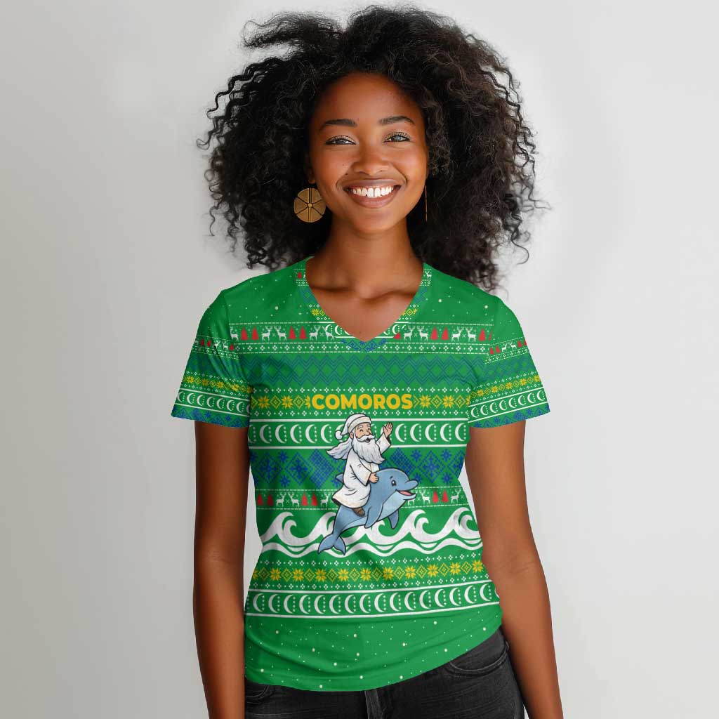 Comoros Christmas Women V-Neck T-Shirt Santa Riding Dolphin Ocean Waves Crescent Moon - African Pride