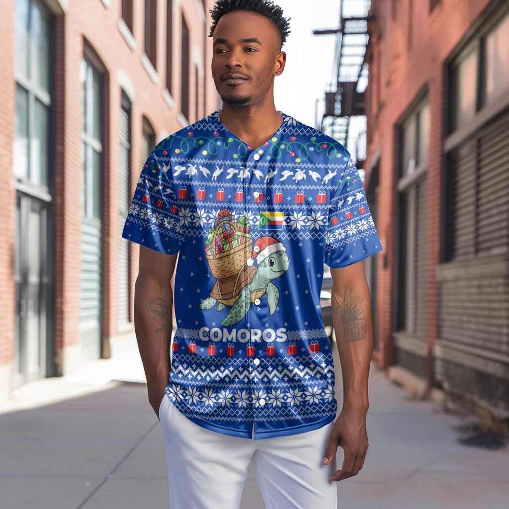 Comoros Christmas Baseball Jersey Santa Turtle Gifts Snowflakes and Ocean Blue - African Pride