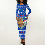 Comoros Christmas Long Sleeve Bodycon Dress Santa Turtle Gifts Snowflakes and Ocean Blue - African Pride