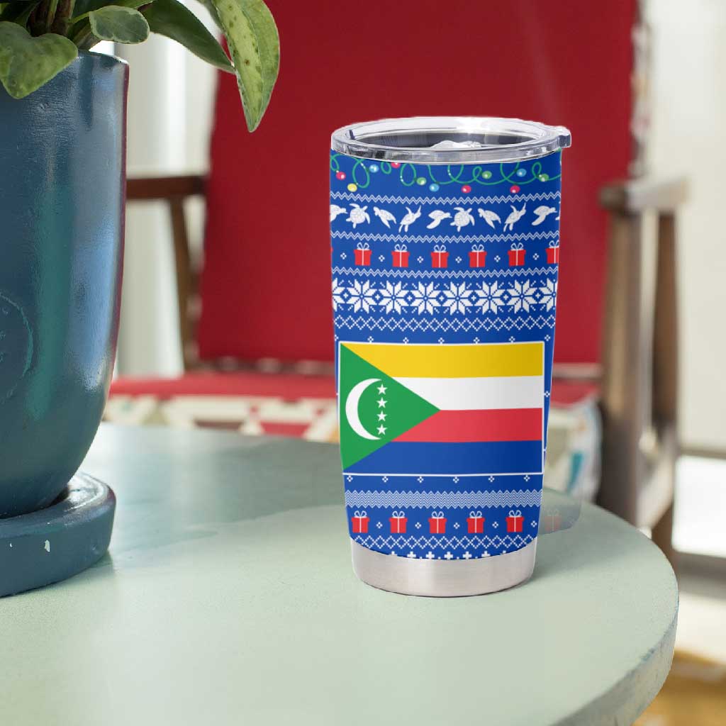 Comoros Christmas Tumbler Cup Santa Turtle Gifts Snowflakes and Ocean Blue - African Pride