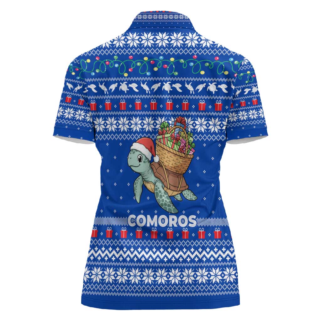 Comoros Christmas Women Polo Shirt Santa Turtle Gifts Snowflakes and Ocean Blue - African Pride