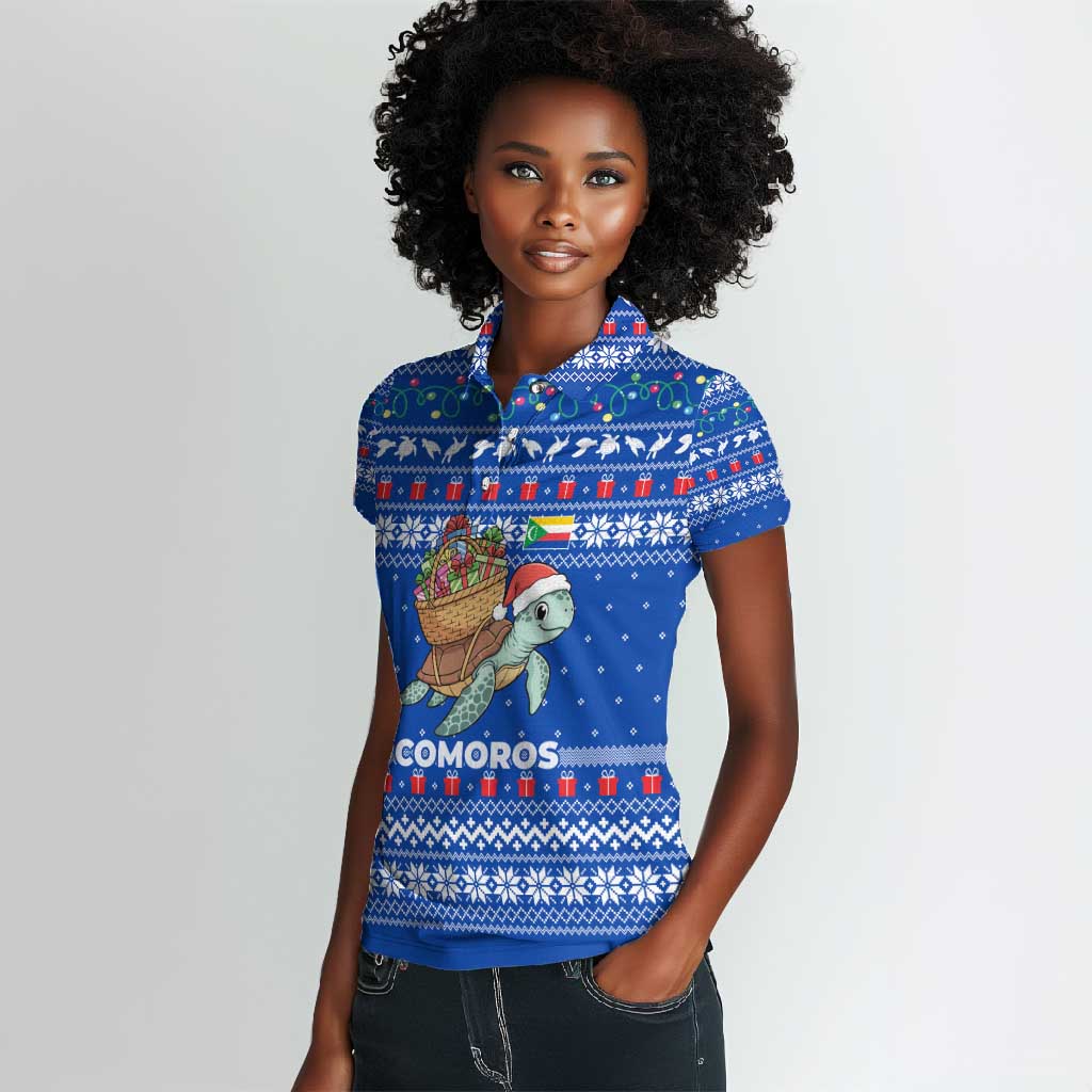 Comoros Christmas Women Polo Shirt Santa Turtle Gifts Snowflakes and Ocean Blue - African Pride