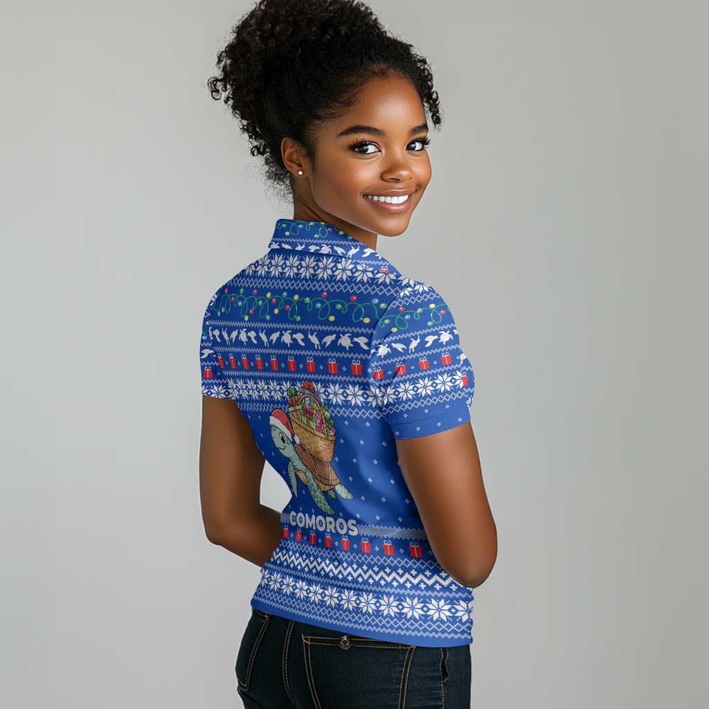 Comoros Christmas Women Polo Shirt Santa Turtle Gifts Snowflakes and Ocean Blue - African Pride