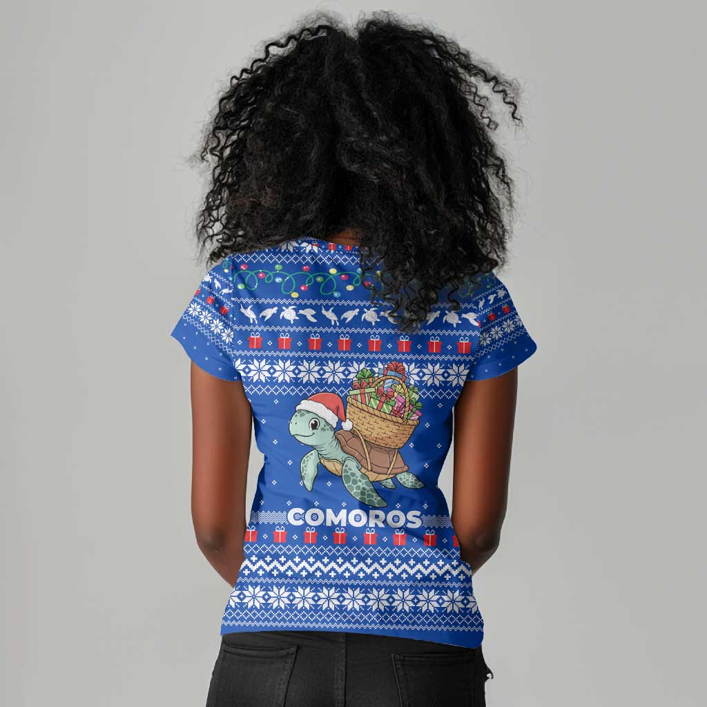 Comoros Christmas Women V-Neck T-Shirt Santa Turtle Gifts Snowflakes and Ocean Blue - African Pride