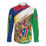 Afro Namibia Map Long Sleeve Button Shirt National Emblem and Cultural Motif Design
