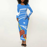 Somalia Long Sleeve Bodycon Dress with Raised Fist Flag Blue Unity Wave Spirit
