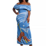 Somalia Off Shoulder Maxi Dress with Raised Fist Flag Blue Unity Wave Spirit