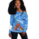 Somalia Off Shoulder Sweater with Raised Fist Flag Blue Unity Wave Spirit