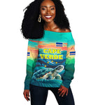 Cape Verde Off Shoulder Sweater with Loggerhead Sea Turtle Ocean Sunset Spirit