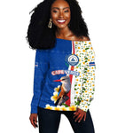 Cape Verde Off Shoulder Sweater Kingfisher Bird Floral Flag Spirit - African Pride