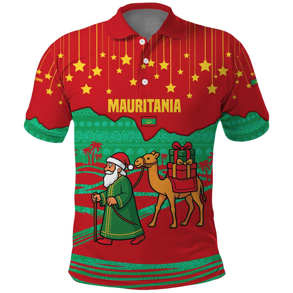 Mauritania Christmas Polo Shirt Santa Claus Camel Gift Boxes Starry Sky and Desert - African Pride