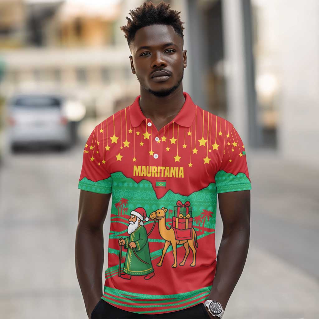 Mauritania Christmas Polo Shirt Santa Claus Camel Gift Boxes Starry Sky and Desert - African Pride