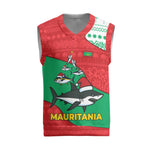 Mauritania Christmas Knitted V-Neck Vest Santa Sharks Festive Fish Pattern and Red Green Holiday - African Pride
