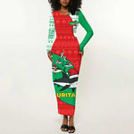 Mauritania Christmas Long Sleeve Bodycon Dress Santa Sharks Festive Fish Pattern and Red Green Holiday - African Pride