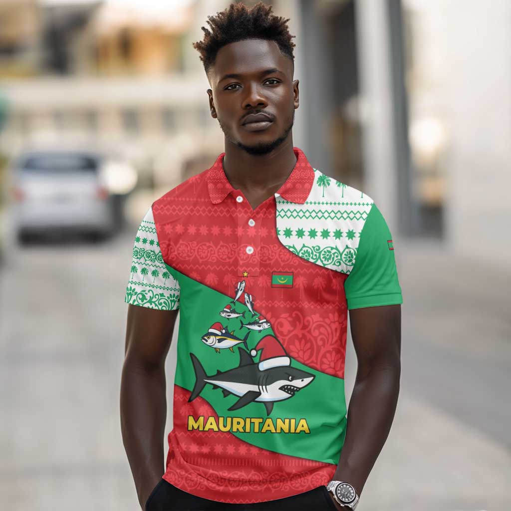 Mauritania Christmas Polo Shirt Santa Sharks Festive Fish Pattern and Red Green Holiday - African Pride