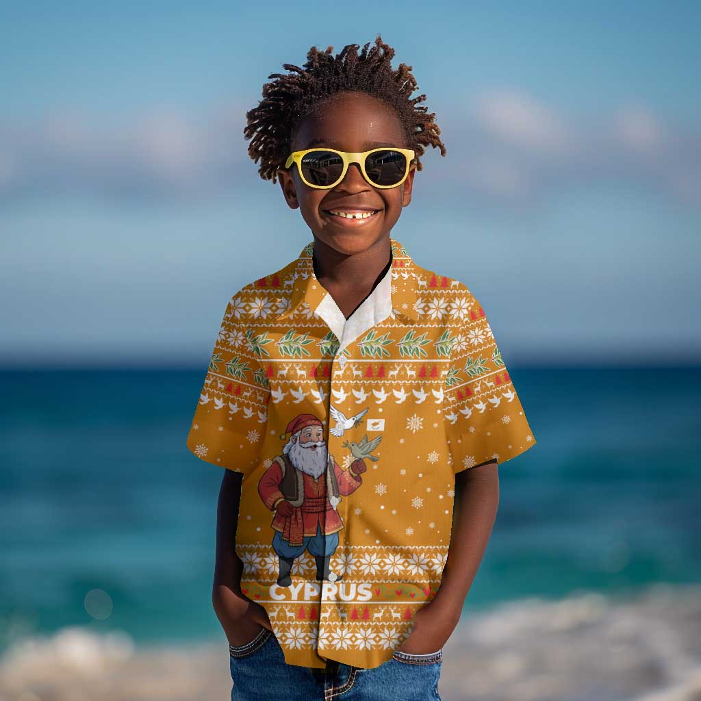 Cyprus Christmas Kid Hawaiian Shirt Santa Holding Doves Olive Branch Snowflakes - African Pride