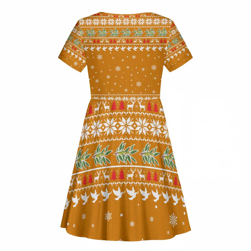 Cyprus Christmas Kid Short Sleeve Dress Santa Holding Doves Olive Branch Snowflakes - African Pride