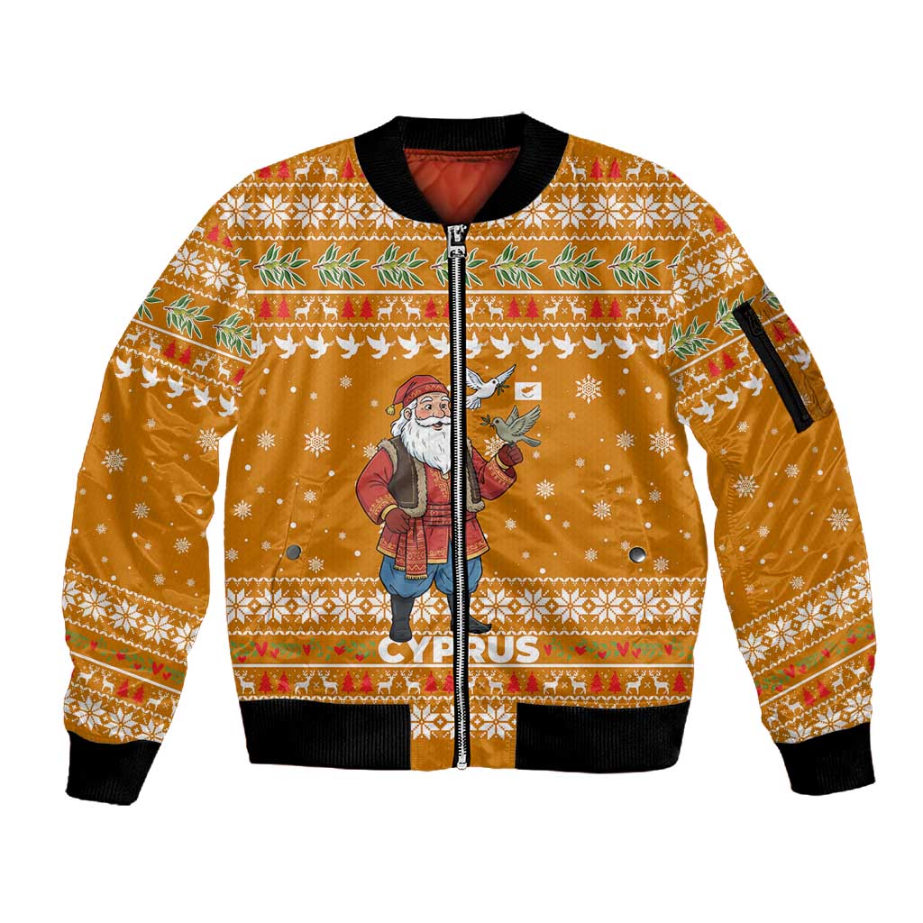 Cyprus Christmas Sleeve Zip Bomber Jacket Santa Holding Doves Olive Branch Snowflakes - African Pride