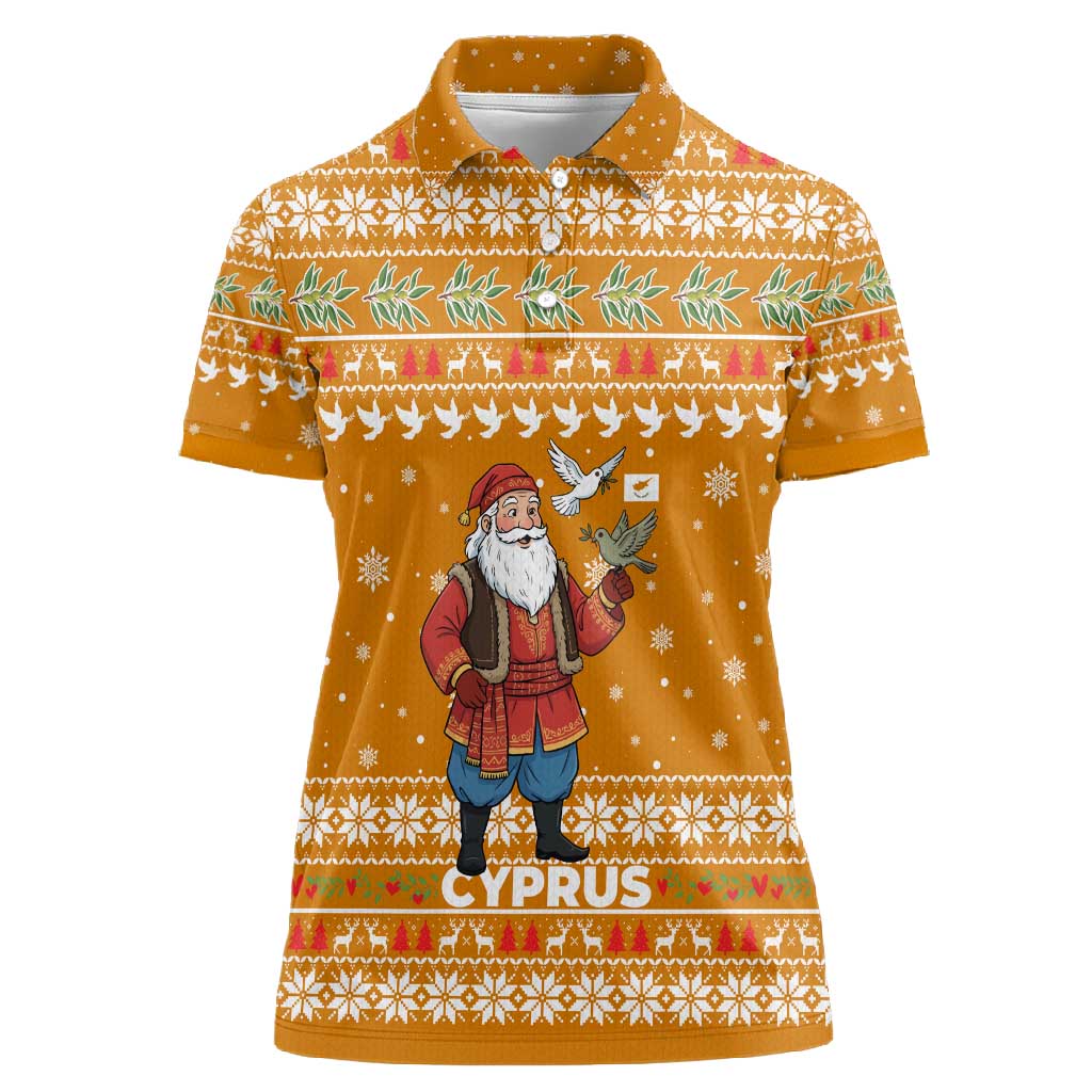 Cyprus Christmas Women Polo Shirt Santa Holding Doves Olive Branch Snowflakes - African Pride
