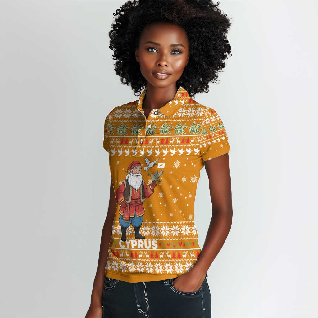 Cyprus Christmas Women Polo Shirt Santa Holding Doves Olive Branch Snowflakes - African Pride