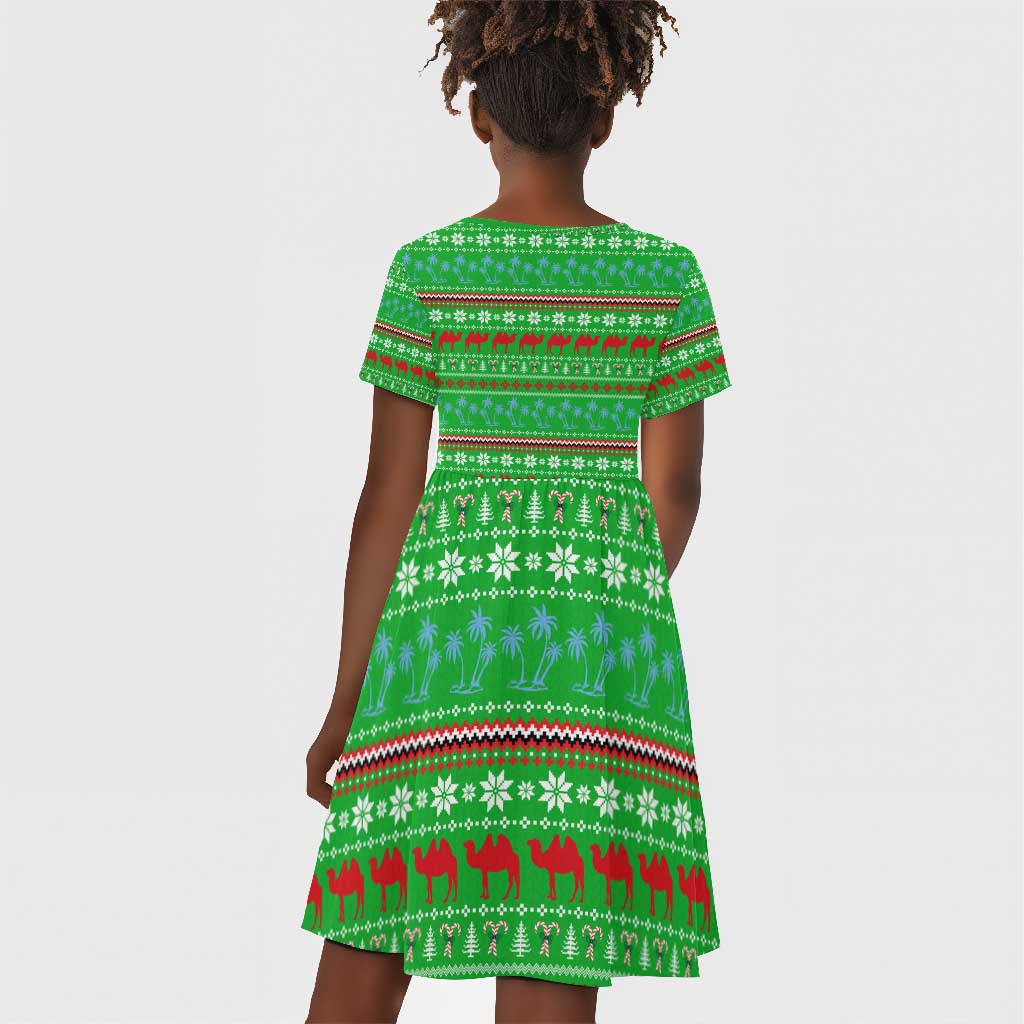 Djibouti Christmas Kid Short Sleeve Dress Santa Riding Camel Palm Trees Camel - African Pride