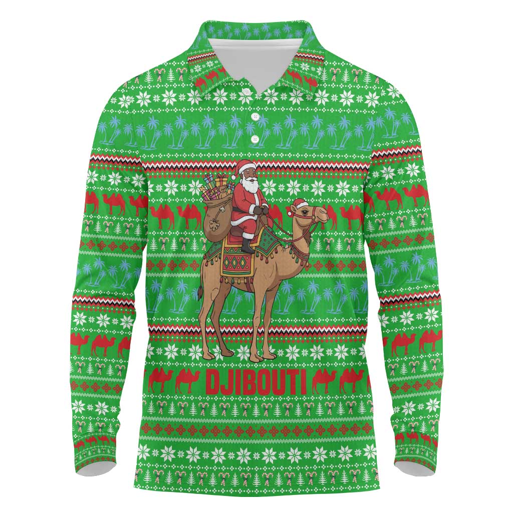 Djibouti Christmas Long Sleeve Polo Shirt Santa Riding Camel Palm Trees Camel - African Pride