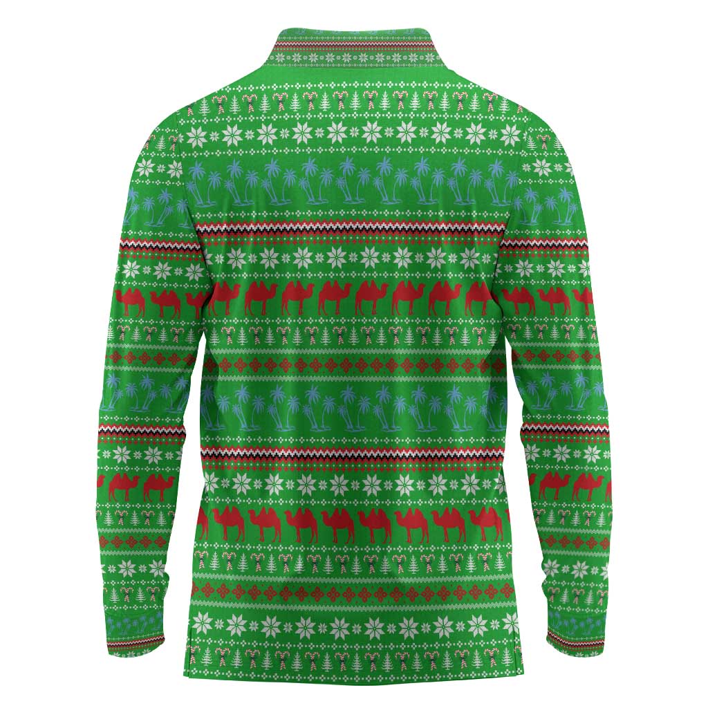 Djibouti Christmas Long Sleeve Polo Shirt Santa Riding Camel Palm Trees Camel - African Pride