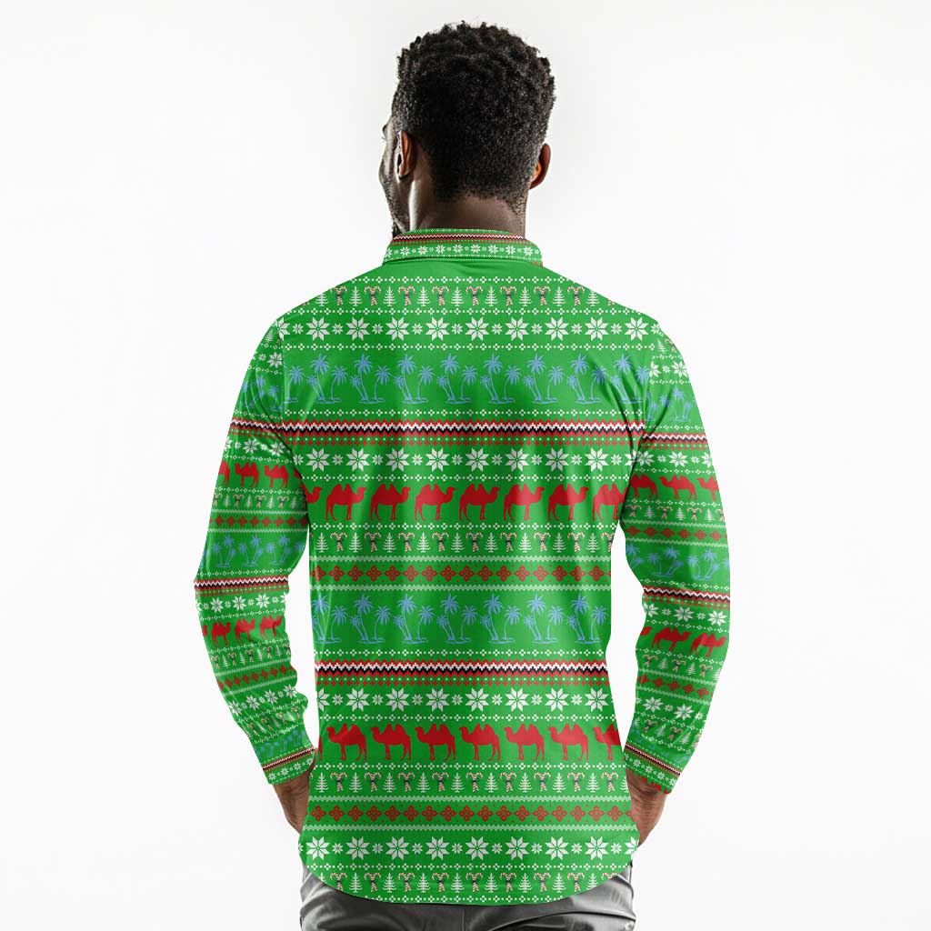 Djibouti Christmas Long Sleeve Polo Shirt Santa Riding Camel Palm Trees Camel - African Pride