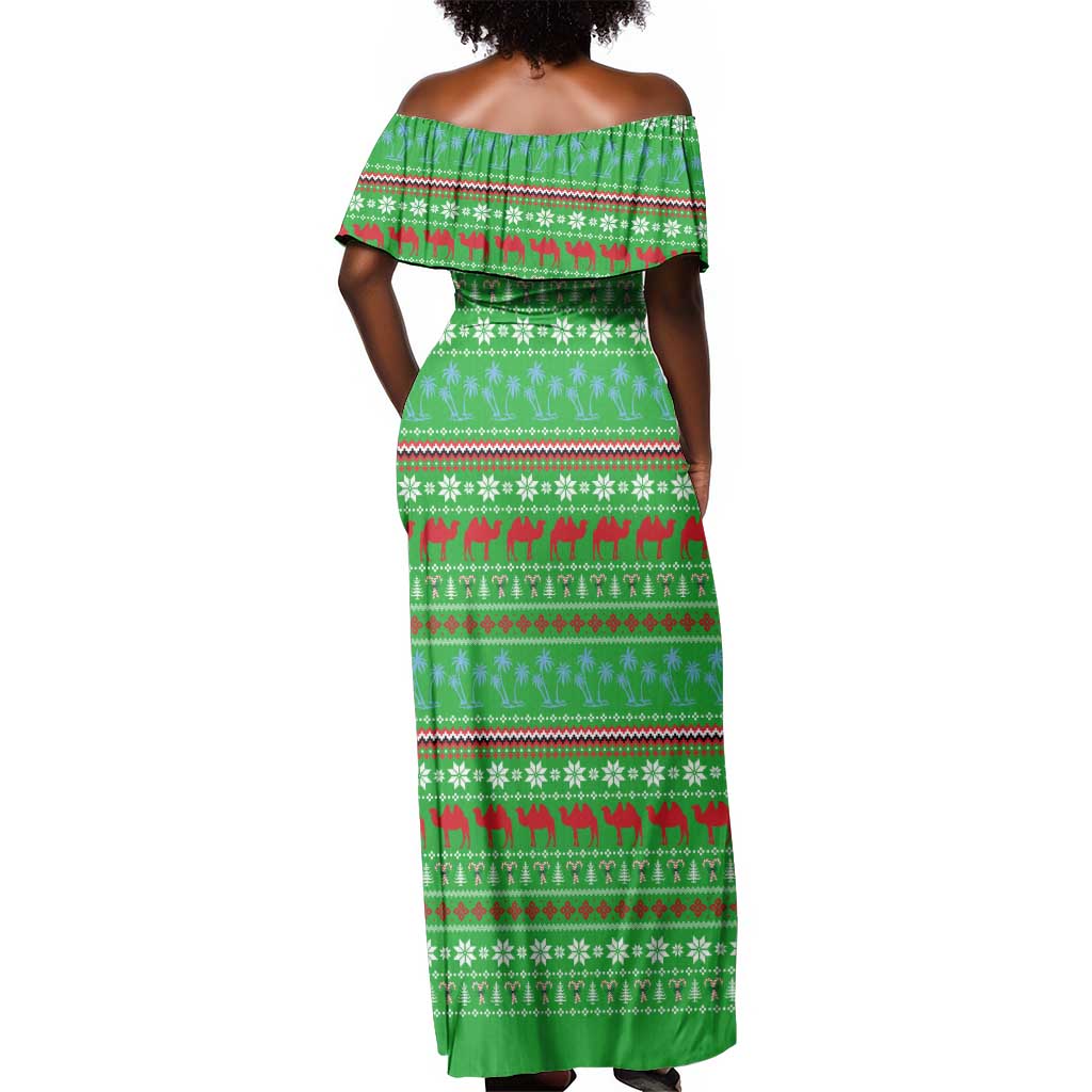 Djibouti Christmas Off Shoulder Maxi Dress Santa Riding Camel Palm Trees Camel - African Pride