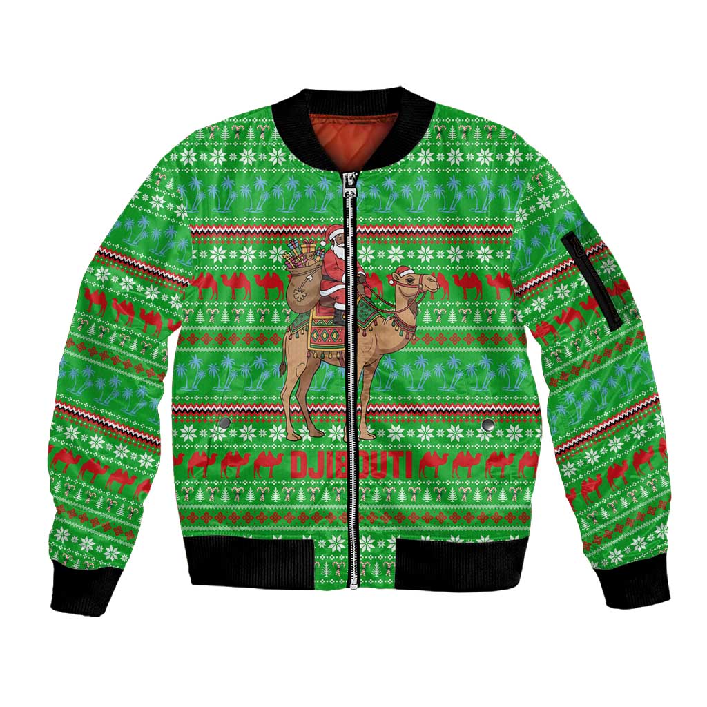 Djibouti Christmas Sleeve Zip Bomber Jacket Santa Riding Camel Palm Trees Camel - African Pride