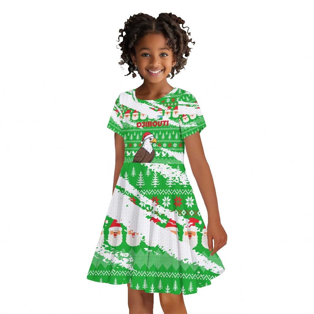 Djibouti Christmas Kid Short Sleeve Dress Santa Eagle Doves Trees and Green Snowflake - African Pride
