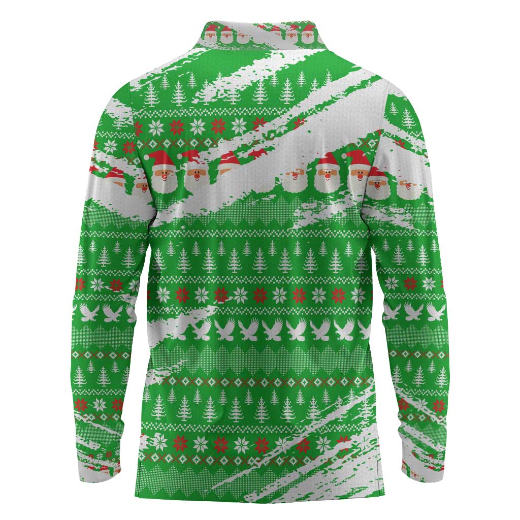 Djibouti Christmas Long Sleeve Polo Shirt Santa Eagle Doves Trees and Green Snowflake - African Pride