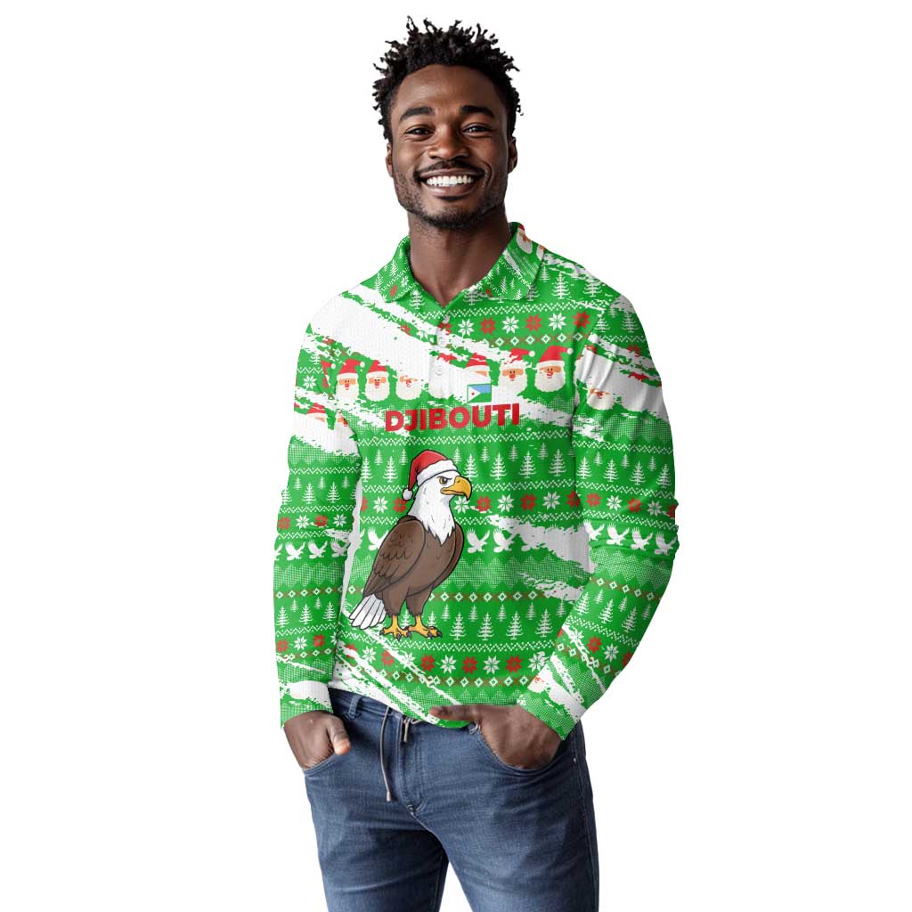Djibouti Christmas Long Sleeve Polo Shirt Santa Eagle Doves Trees and Green Snowflake - African Pride