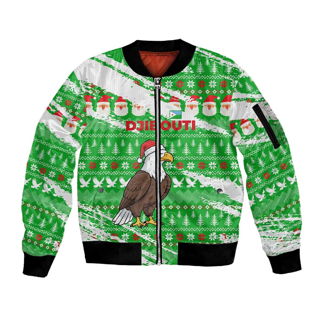 Djibouti Christmas Sleeve Zip Bomber Jacket Santa Eagle Doves Trees and Green Snowflake - African Pride