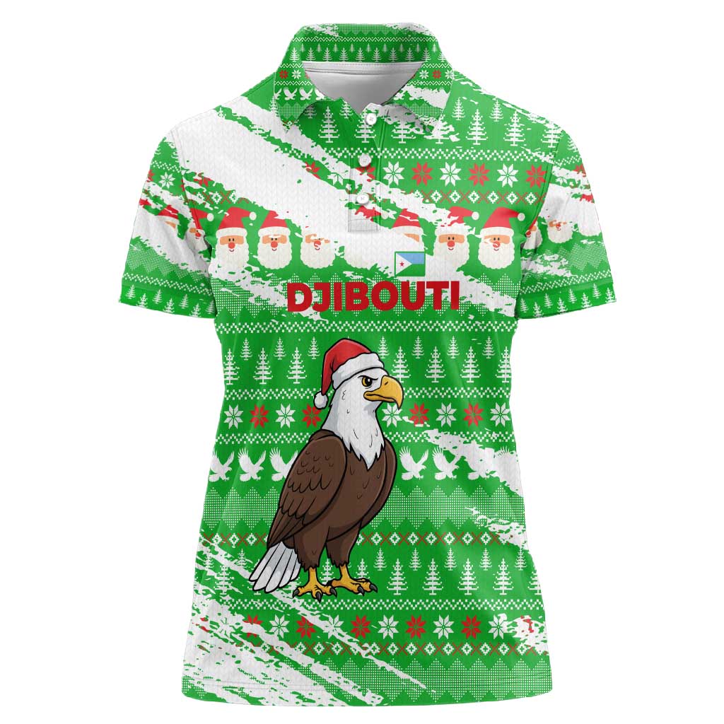 Djibouti Christmas Women Polo Shirt Santa Eagle Doves Trees and Green Snowflake - African Pride