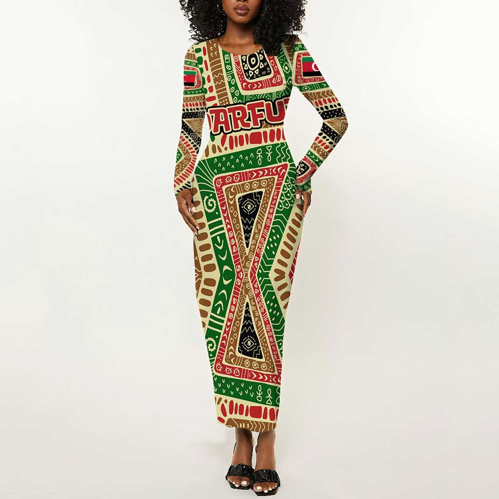 Darfur Sudan Long Sleeve Bodycon Dress Red Green Beige Tribal Pattern by African Pride