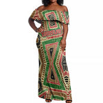 Darfur Sudan Off Shoulder Maxi Dress Red Green Beige Tribal Pattern - African Pride
