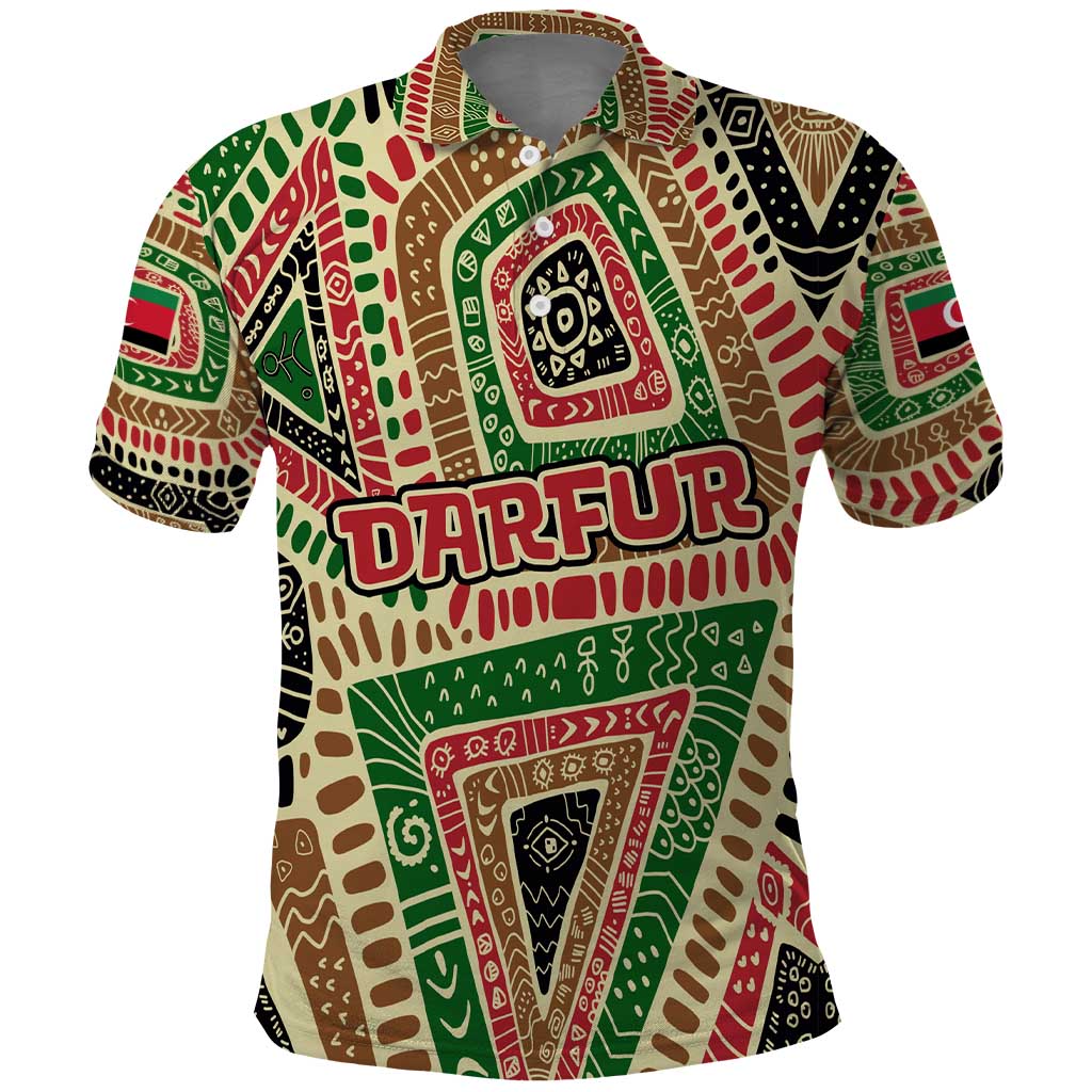 Darfur Sudan Polo Shirt Red Green Beige Tribal Pattern - African Pride