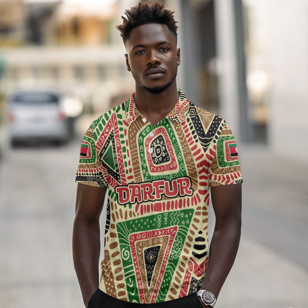 Darfur Sudan Polo Shirt Red Green Beige Tribal Pattern - African Pride