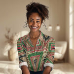 Darfur Sudan Women Casual Shirt Red Green Beige Tribal Pattern - African Pride