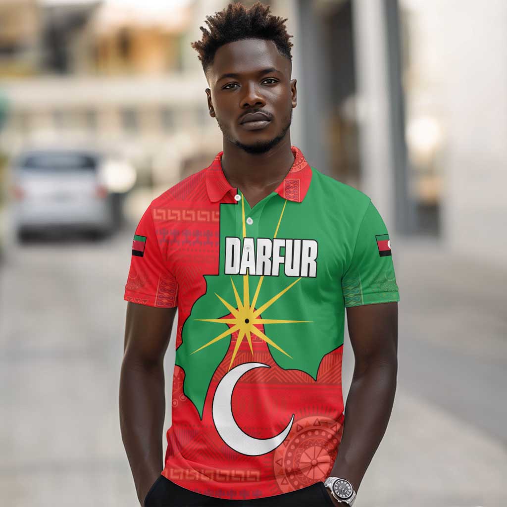 Darfur Sudan Polo Shirt Red Green Yellow Crescent Star - African Pride