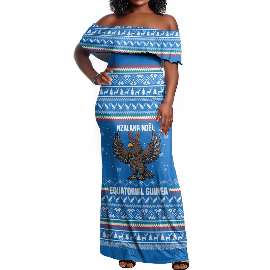 Equatorial Guinea Christmas Off Shoulder Maxi Dress Nzalang Noel Eagle Flag Snowflakes - African Pride