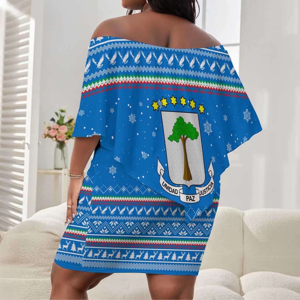 Equatorial Guinea Christmas Off Shoulder Short Dress Nzalang Noel Eagle Flag Snowflakes - African Pride