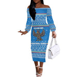 Equatorial Guinea Christmas Off The Shoulder Long Sleeve Dress Nzalang Noel Eagle Flag Snowflakes - African Pride