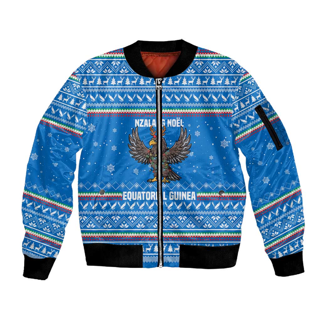 Equatorial Guinea Christmas Sleeve Zip Bomber Jacket Nzalang Noel Eagle Flag Snowflakes - African Pride