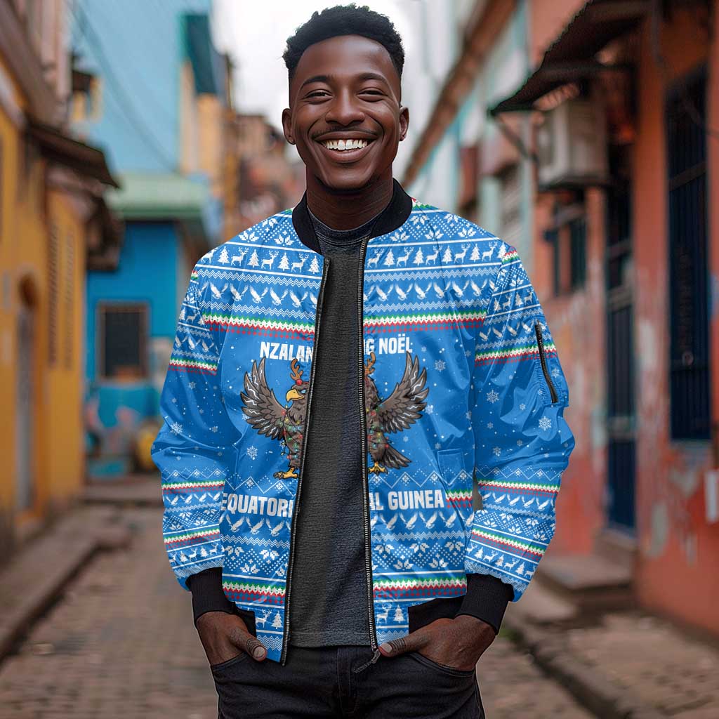 Equatorial Guinea Christmas Sleeve Zip Bomber Jacket Nzalang Noel Eagle Flag Snowflakes - African Pride