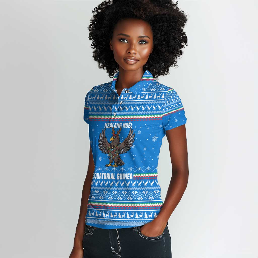 Equatorial Guinea Christmas Women Polo Shirt Nzalang Noel Eagle Flag Snowflakes - African Pride